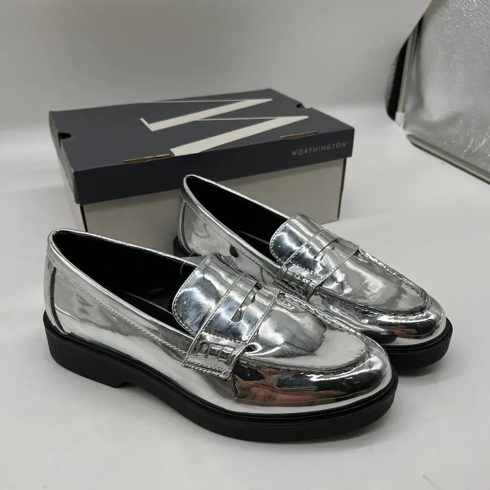 Worthington Ellen Womens Round Closed Toe Loafers Silver Size 7.5